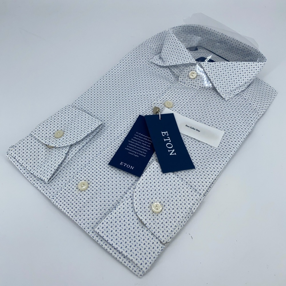Eton Dress Shirt Men S 15 - 38 White Blue Paisley Poplin Slim Collared Button Up